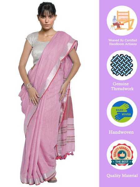 Carnation Pink-Pink women's Bhagalpuri Handloom Cotton Linen Blend Contrast Pallu Saree And Unstitched Contrast Blouse Piece