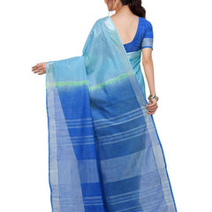 Electric Blue & Azure Cyan women's Handloom Bhagalpuri Linen Blend Two Dye Saree With Running Unstitched Blouse Piece - View 4