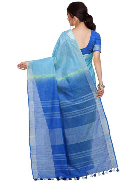 Electric Blue & Azure Cyan women's Handloom Bhagalpuri Linen Blend Two Dye Saree With Running Unstitched Blouse Piece - View 4