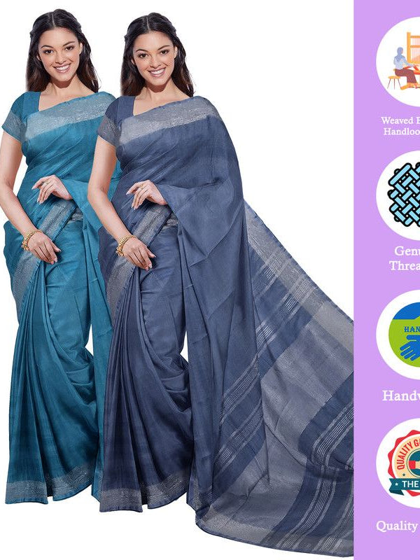 Cerulean Blue & Lake Blue women's Bhagalpuri Handloom Cotton-Linen Blend Saree Combo (Pack Of 2) With Running Unstiched Blouse Piece - View 2