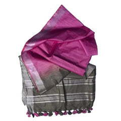 Grey & Barbie Pink women's Ethnic Wear Bhagalpuri Handloom Cotton Linen Blend Two Dye Saree With Running Unstitched Blouse Piece