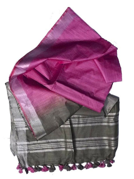 Grey & Barbie Pink women's Ethnic Wear Bhagalpuri Handloom Cotton Linen Blend Two Dye Saree With Running Unstitched Blouse Piece