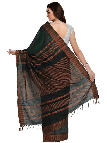Bhagalpuri Handloom Katan Viscous Silk Temple Border Saree Ethnic Wear With Running Unstitched Striped Blouse Piece