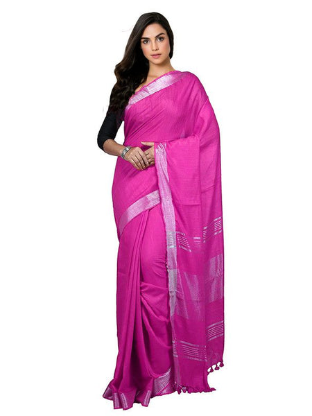 Pink Bhagalpuri women's Handloom Linen Cotton Ethnic Wear Saree With Running Unstitched Blouse Piece
