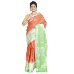 Bhagalpuri Handloom Cotton Linen Slub Blend Tie Two Dye (Sibory Two Dye) Saree With Running Unstitched Blouse Piece