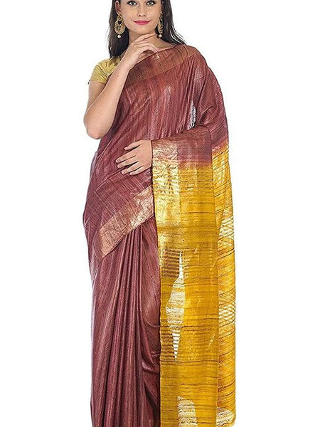 Handloom Tussar Ghicha Silk Bhagalpuri Two Dye Saree (Chico_Brown & Yellow)