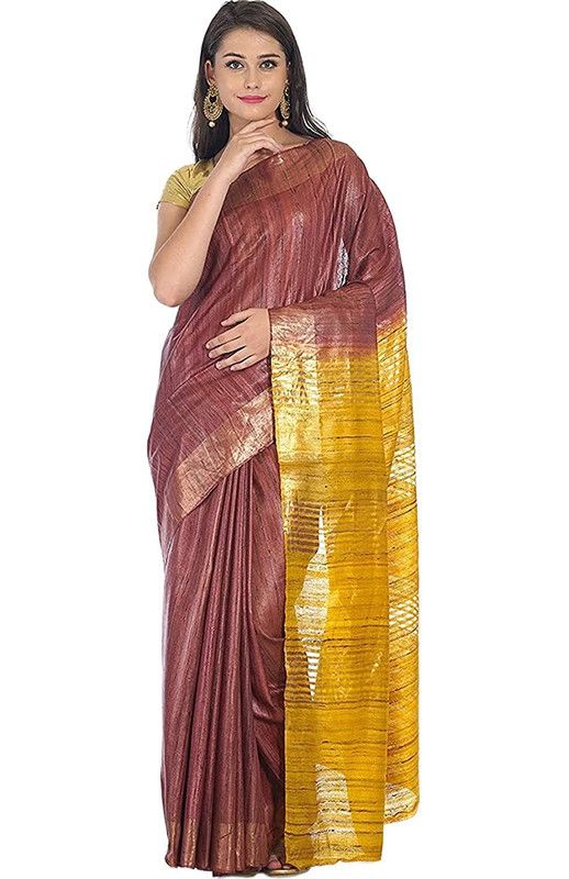 Handloom Tussar Ghicha Silk Bhagalpuri Two Dye Saree (Chico_Brown & Yellow)