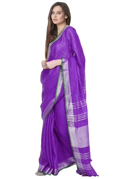 French Violet women's Bhagalpuri Handloom Cotton Linen Blend Saree With Contrast Unstiched Blouse Piece - View 2
