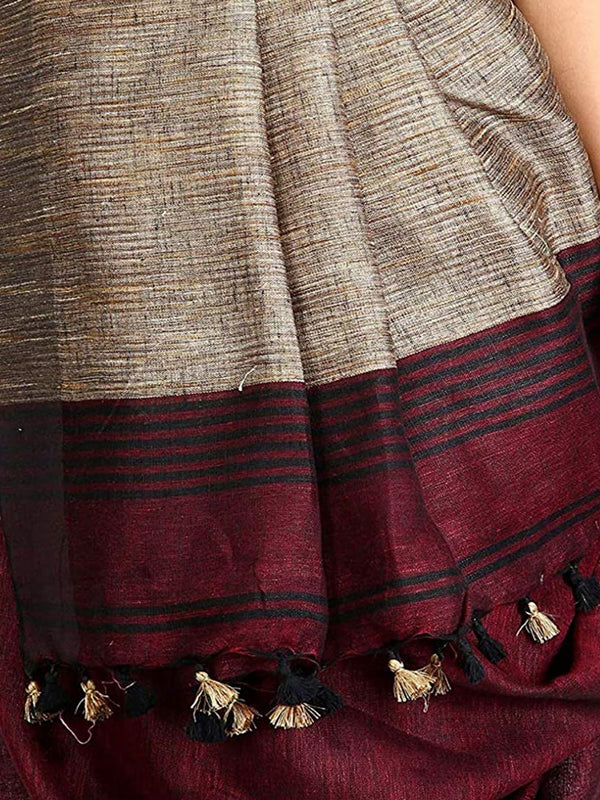 Pure Linen with Ghicha Pallu Dual Color Handloom Saree (Maroon-Black) - View 4