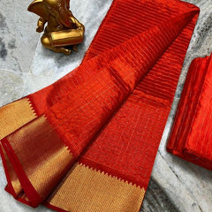 Cotton Silk Handloom Bhagalpuri Wide Border Check Saree (Gold-Tiano_Orange)