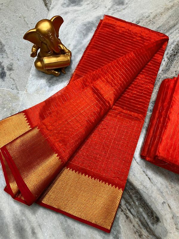 Cotton Silk Handloom Bhagalpuri Wide Border Check Saree (Gold-Tiano_Orange)