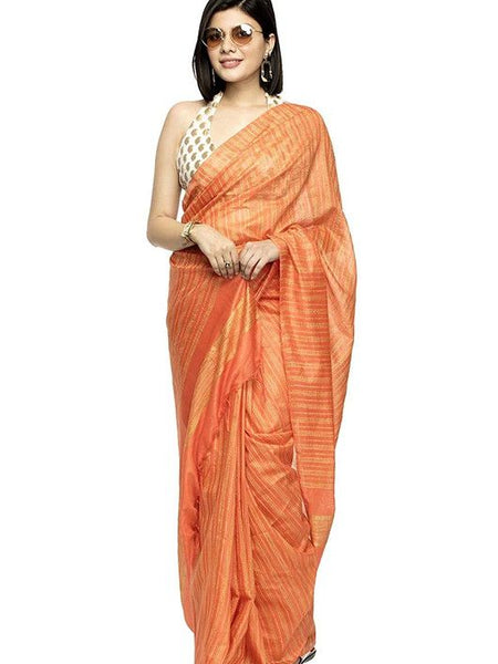 Striped Kota Silk Handloom Bhagalpuri Bollywood Saree (Terry_Orange)