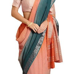 Mango Orange & Teal Green women's Bhagalpuri Handloom Linen Cotton Blend Two Dye Saree With Running Unstitched Blouse Piece - View 5