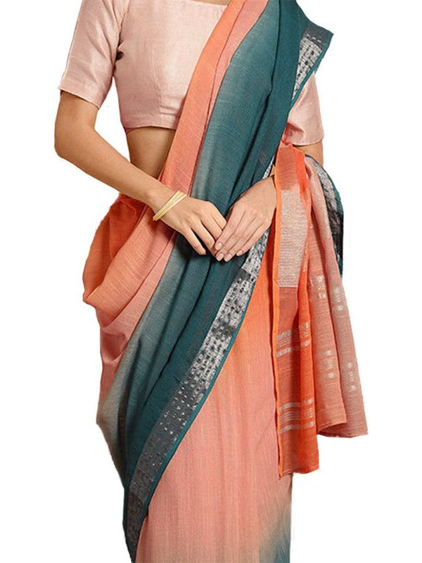 Mango Orange & Teal Green women's Bhagalpuri Handloom Linen Cotton Blend Two Dye Saree With Running Unstitched Blouse Piece - View 5