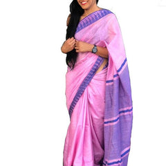 Carnation Pink women's Bhagalpuri Handloom Kota Silk Temple Border Saree And Variation Of Colors With Striped Blouse Piece