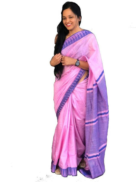 Carnation Pink women's Bhagalpuri Handloom Kota Silk Temple Border Saree And Variation Of Colors With Striped Blouse Piece