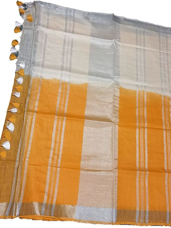 Gamboge Yellow women's Bhagalpuri Linen-Slub Blend Two Dye Saree With Blouse Piece