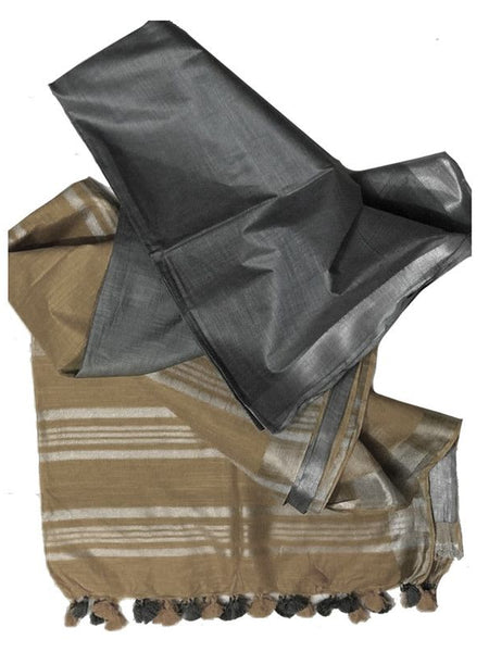 Grey & Brown Bhagalpuri women's Ethnic Wear Handloom Cotton Zari Border Two Dye Saree With Running Unstitched Blouse Piece