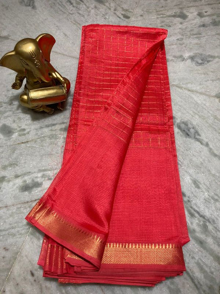Bhagalpuri Handloom Cotton Silk Check Half Body Saree for women's (Crimson_Red)