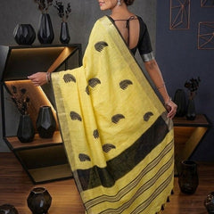 Handwoven Bhagalpuri Linen Blend Embroidered Saree With Contrast Blouse Piece(Yellow_Black) - View 5