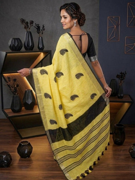 Handwoven Bhagalpuri Linen Blend Embroidered Saree With Contrast Blouse Piece(Yellow_Black) - View 5