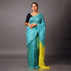 Handloom Jute Silk Bhagalpuri Two Dye Striped Saree (Douwny_Turquoise & Canary_Yellow)
