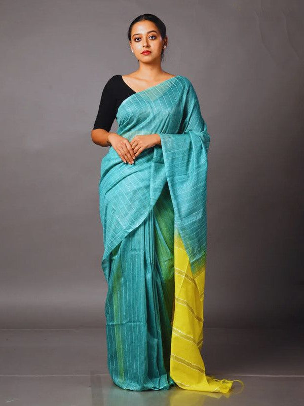 Handloom Jute Silk Bhagalpuri Two Dye Striped Saree (Douwny_Turquoise & Canary_Yellow)
