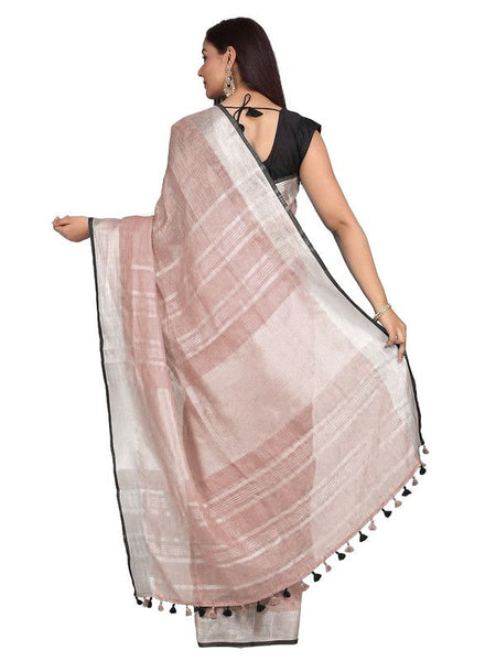 Rosy Brown women's Bhagalpuri Blend Linen Saree With Black Pipine Contrast Blouse Piece - View 3