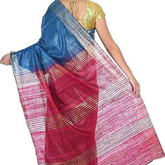 Bhagalpuri Tussar Ghicha Silk Pure Two Dye Saree with Blouse Piece (Deny_Blue & Fuzy_Pink) - View 4