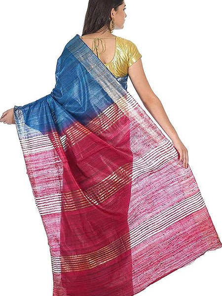 Bhagalpuri Tussar Ghicha Silk Pure Two Dye Saree with Blouse Piece (Deny_Blue & Fuzy_Pink) - View 4