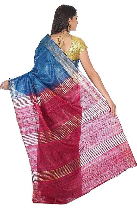 Bhagalpuri Tussar Ghicha Silk Pure Two Dye Saree with Blouse Piece (Deny_Blue & Fuzy_Pink) - View 4