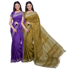 French Violet & Olive Green women's Bhagalpuri Handloom Cotton-Linen Blend Saree Combo (Pack Of 2) With Running Unstiched Blouse Piece