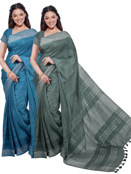 Cerulean Blue & Hookers' Green women's Bhagalpuri Handloom Cotton-Linen Blend Saree Combo (Pack Of 2) With Running Unstiched Blouse Piece