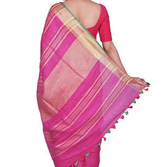 Pink-Green women's Bhagalpuri Blend Linen Saree With Contrast Blouse Piece - View 2