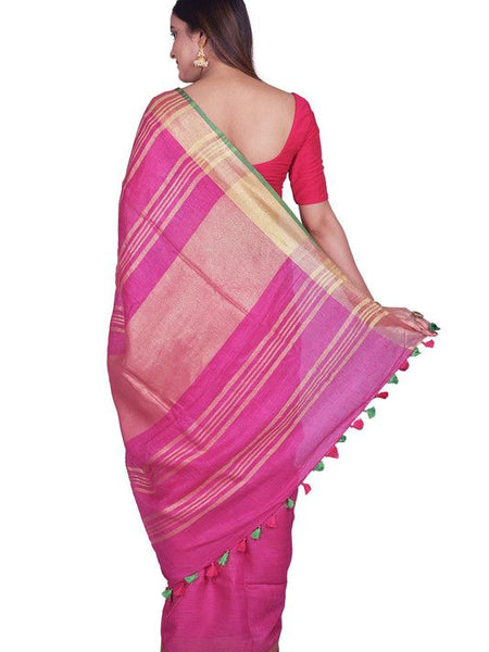 Pink-Green women's Bhagalpuri Blend Linen Saree With Contrast Blouse Piece - View 2