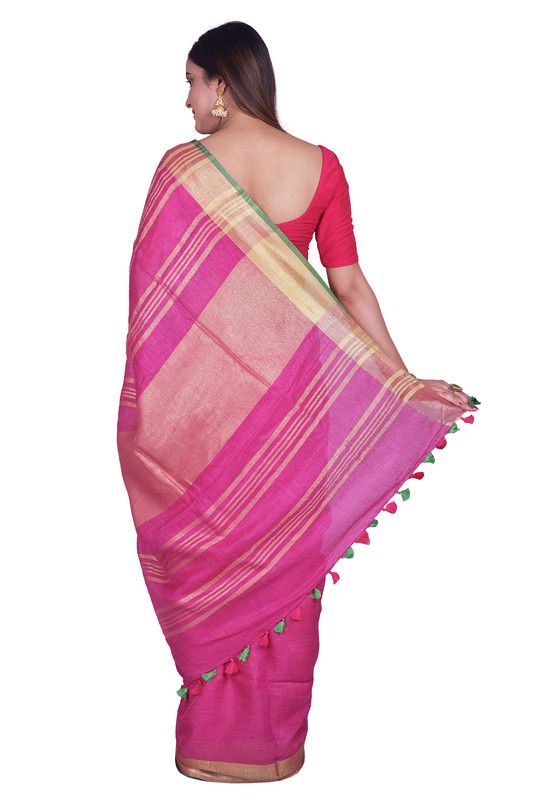 Pink-Green women's Bhagalpuri Blend Linen Saree With Contrast Blouse Piece - View 2