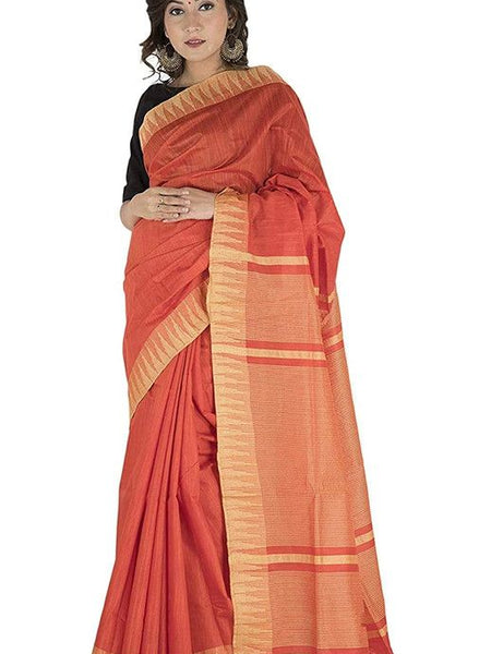 Vermilion Red women's Bhagalpuri Handloom Kota Silk Temple Border Saree And Variation Of Colors With Striped Blouse Piece - View 2