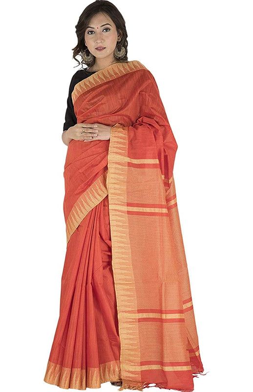 Vermilion Red women's Bhagalpuri Handloom Kota Silk Temple Border Saree And Variation Of Colors With Striped Blouse Piece - View 2