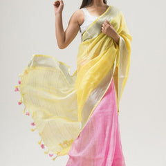 Linen Bhagalpuri Two Dye Handloom Saree (Yellow & Pink) - View 3