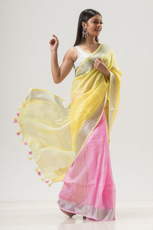 Linen Bhagalpuri Two Dye Handloom Saree (Yellow & Pink) - View 3