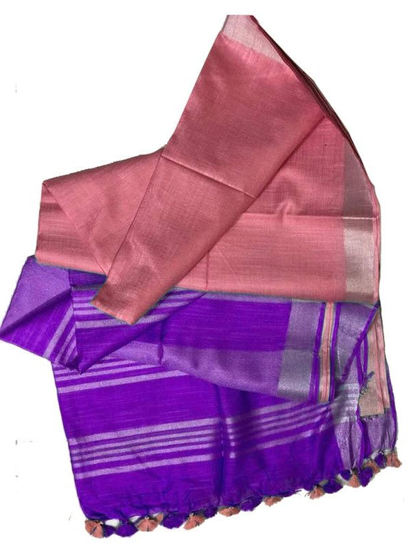 Ethnic Wear Bhagalpuri Handloom Cotton Slub Blend Two Dye Saree With Running Unstitched Blouse Piece