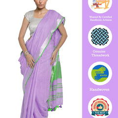 Wisteria Purple-Green women's  Bhagalpuri Handloom Cotton Linen Blend Contrast Pallu Saree And Unstitched Contrast Blouse Piece - View 2
