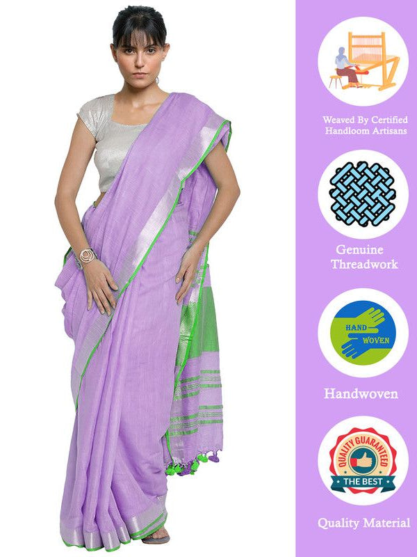 Wisteria Purple-Green women's  Bhagalpuri Handloom Cotton Linen Blend Contrast Pallu Saree And Unstitched Contrast Blouse Piece - View 2