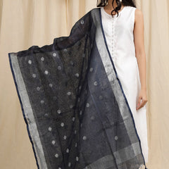 Linen Handloom Bhagalpuri Circle Weaving Motif Black Dupatta
