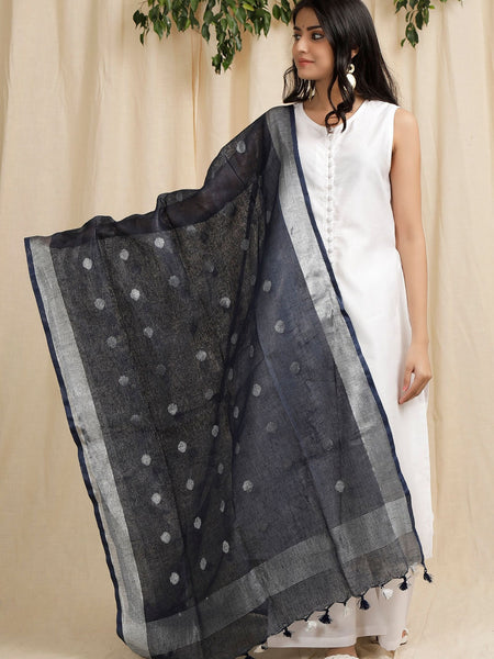 Linen Handloom Bhagalpuri Circle Weaving Motif Black Dupatta