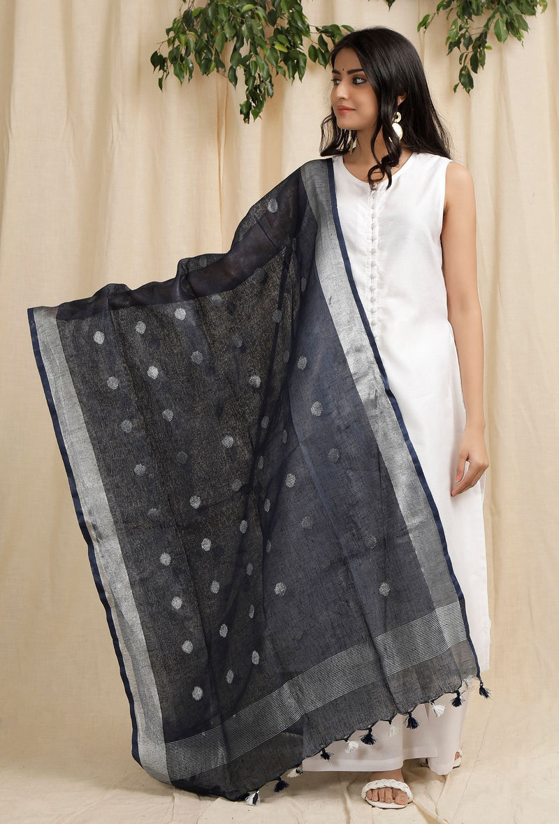 Linen Handloom Bhagalpuri Circle Weaving Motif Black Dupatta
