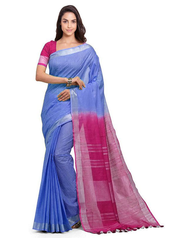 Bhagalpuri Handloom Linen Slub Blend Two Dye Saree With Running Unstitched Blouse Piece