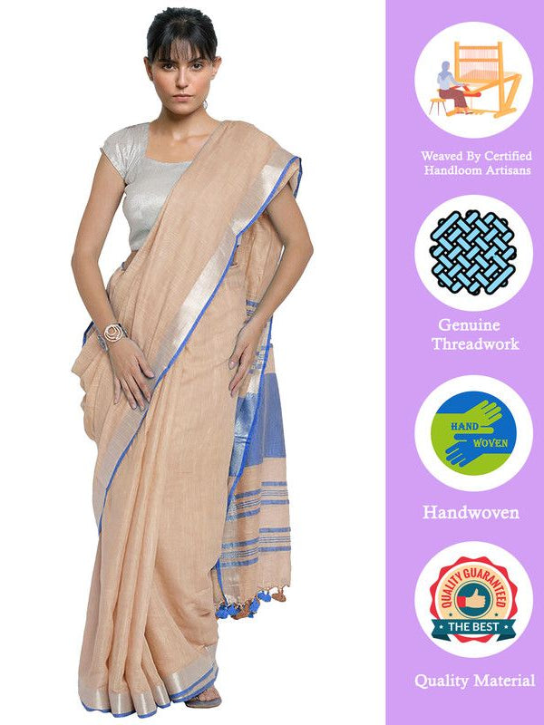 Bhagalpuri Handloom Cotton Linen Blend Contrast Pallu Saree And Unstitched Contrast Blouse Piece - View 2
