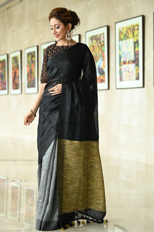 Pure Linen Handloom Ghicha Pallu Dual Color Bhagalpuri Black & Grey Saree - View 2