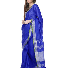 Duke Blue women's Bhagalpuri Handloom Cotton Linen Blend Saree With Contrast Unstiched Blouse Piece - View 3
